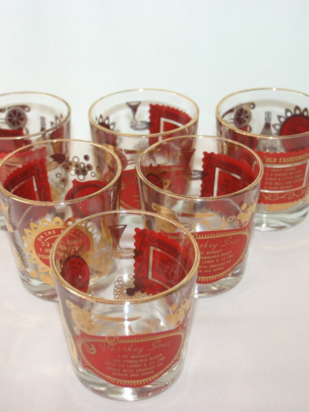 VTG Jeanette Set of 6 Red & Gold Cocktail Glasses B-289